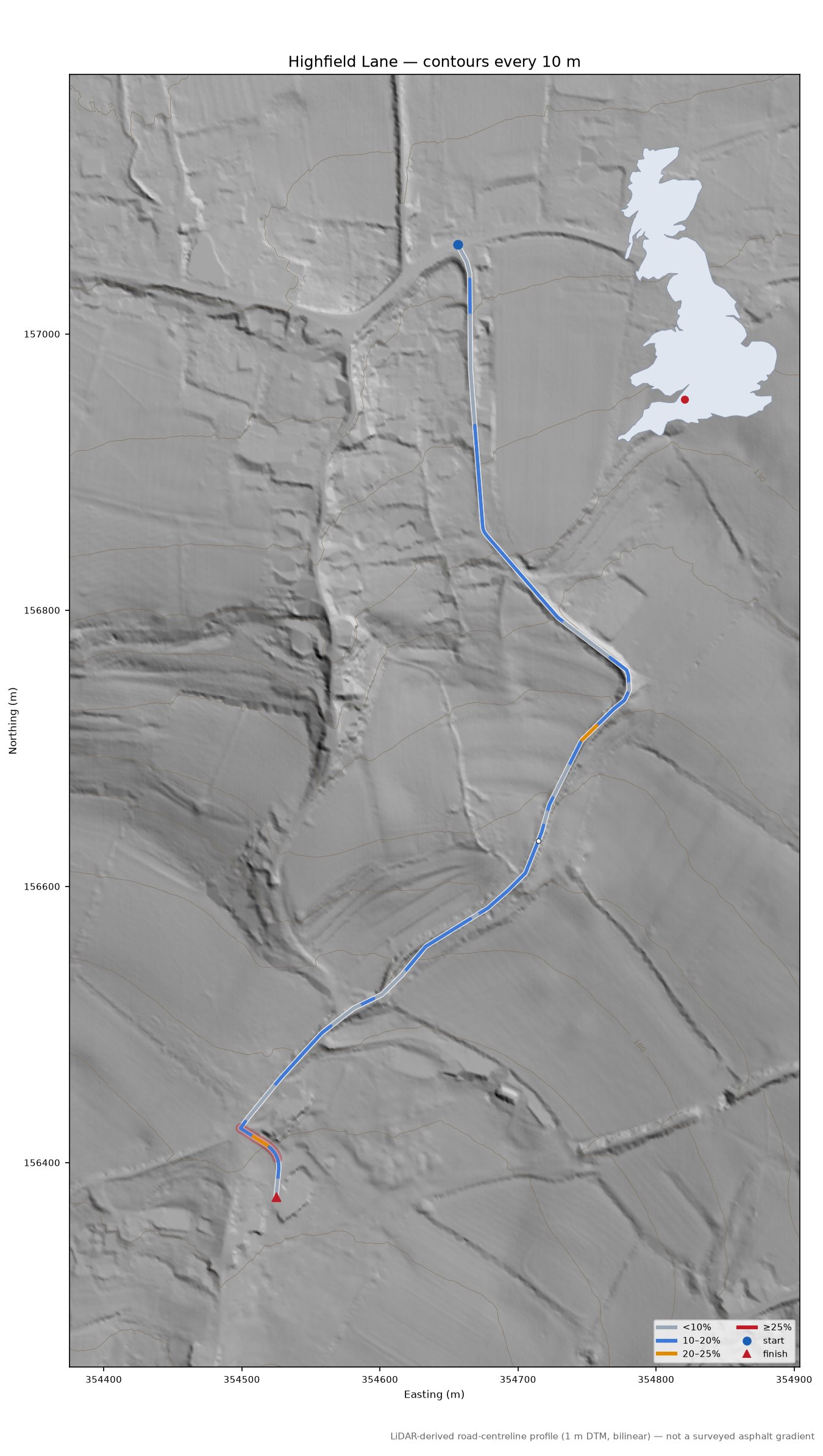 Highfield Lane LiDAR hillshade map with contours