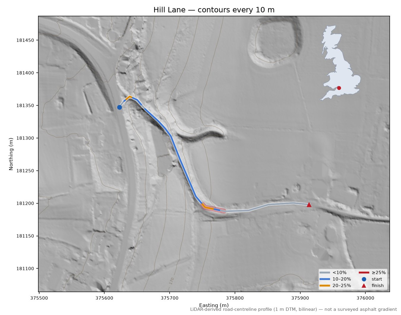 Hill Lane LiDAR hillshade map with contours