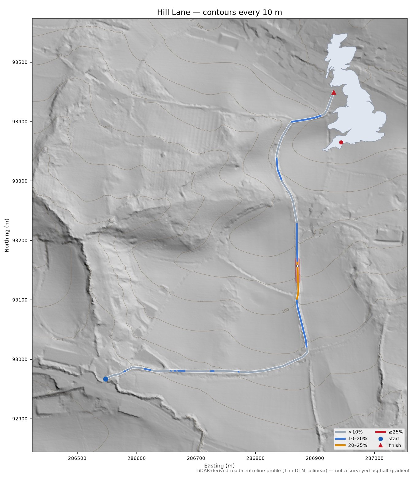Hill Lane LiDAR hillshade map with contours