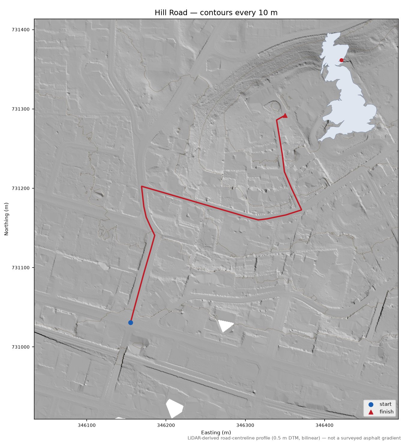 Hill Road LiDAR hillshade map with contours