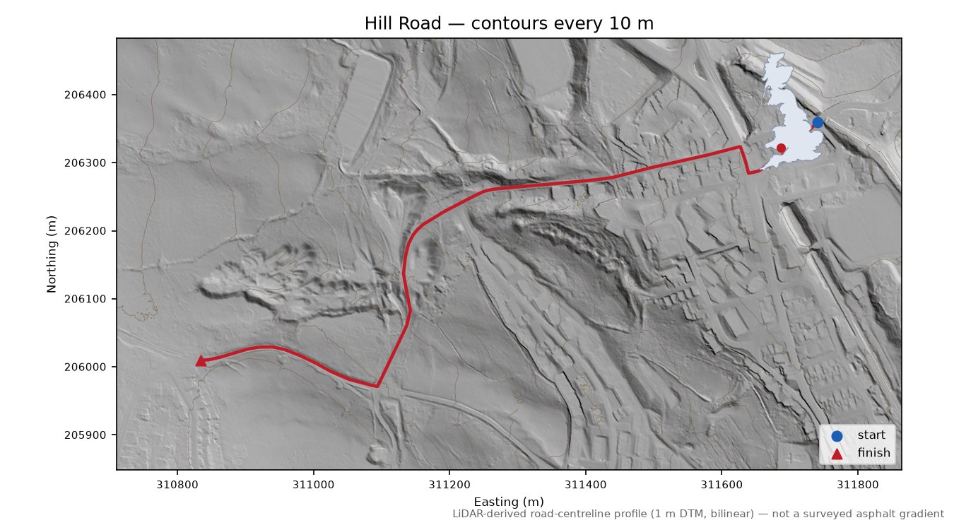 Hill Road LiDAR hillshade map with contours