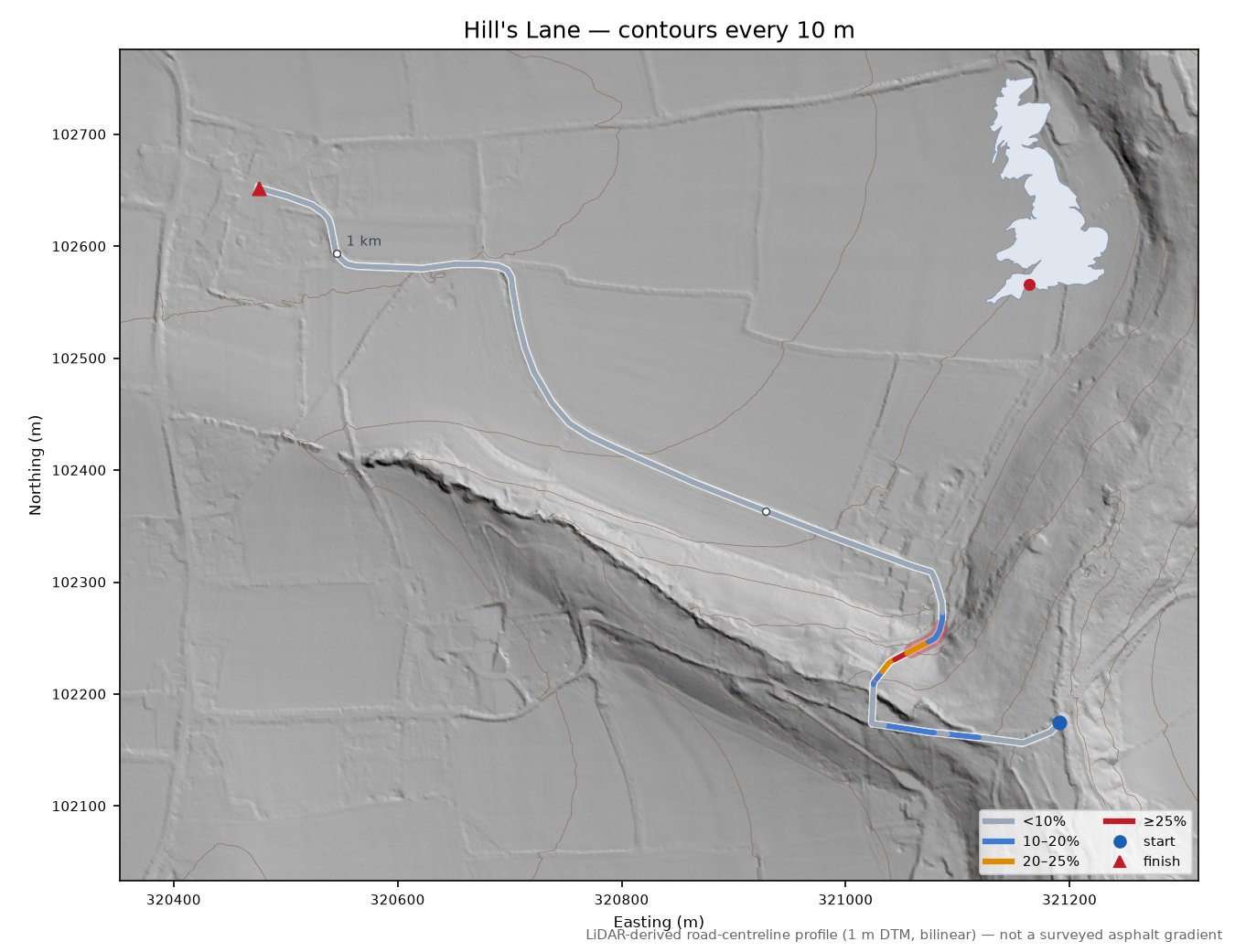 Hill's Lane LiDAR hillshade map with contours