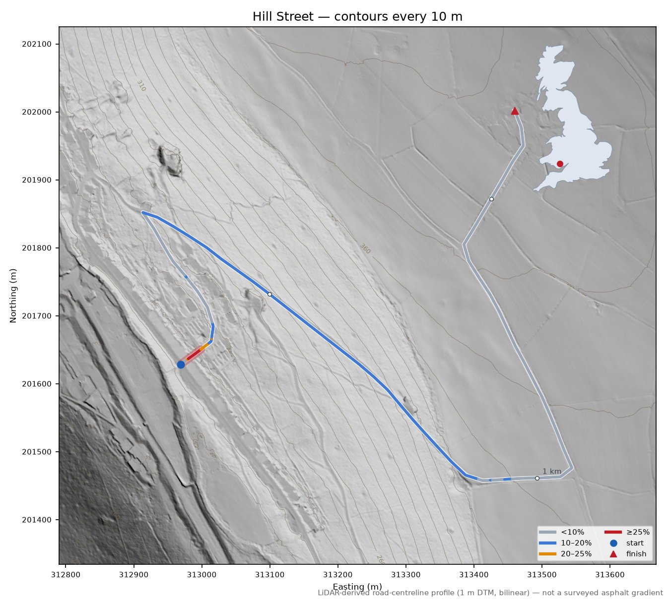 Hill Street LiDAR hillshade map with contours