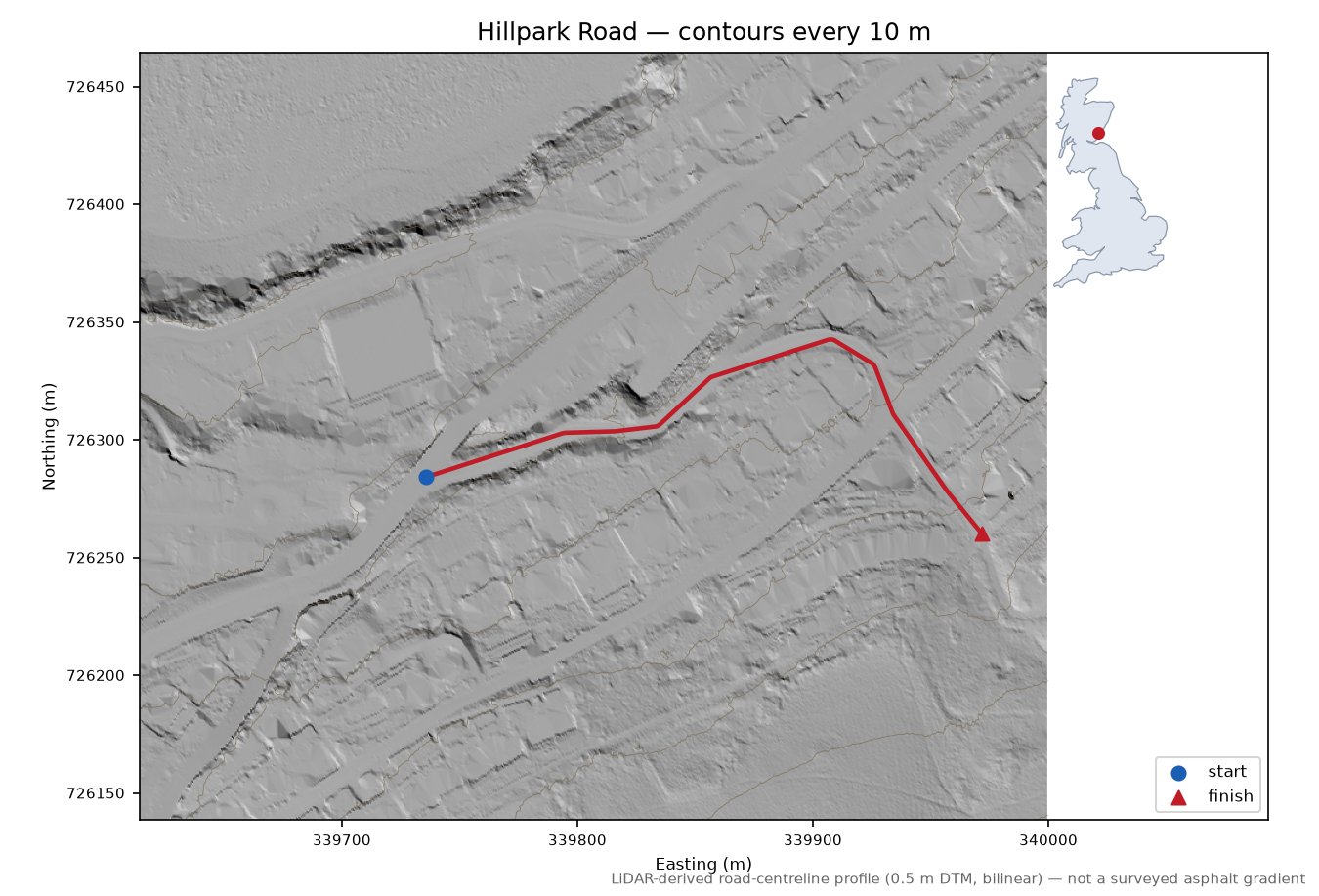 Hillpark Road LiDAR hillshade map with contours