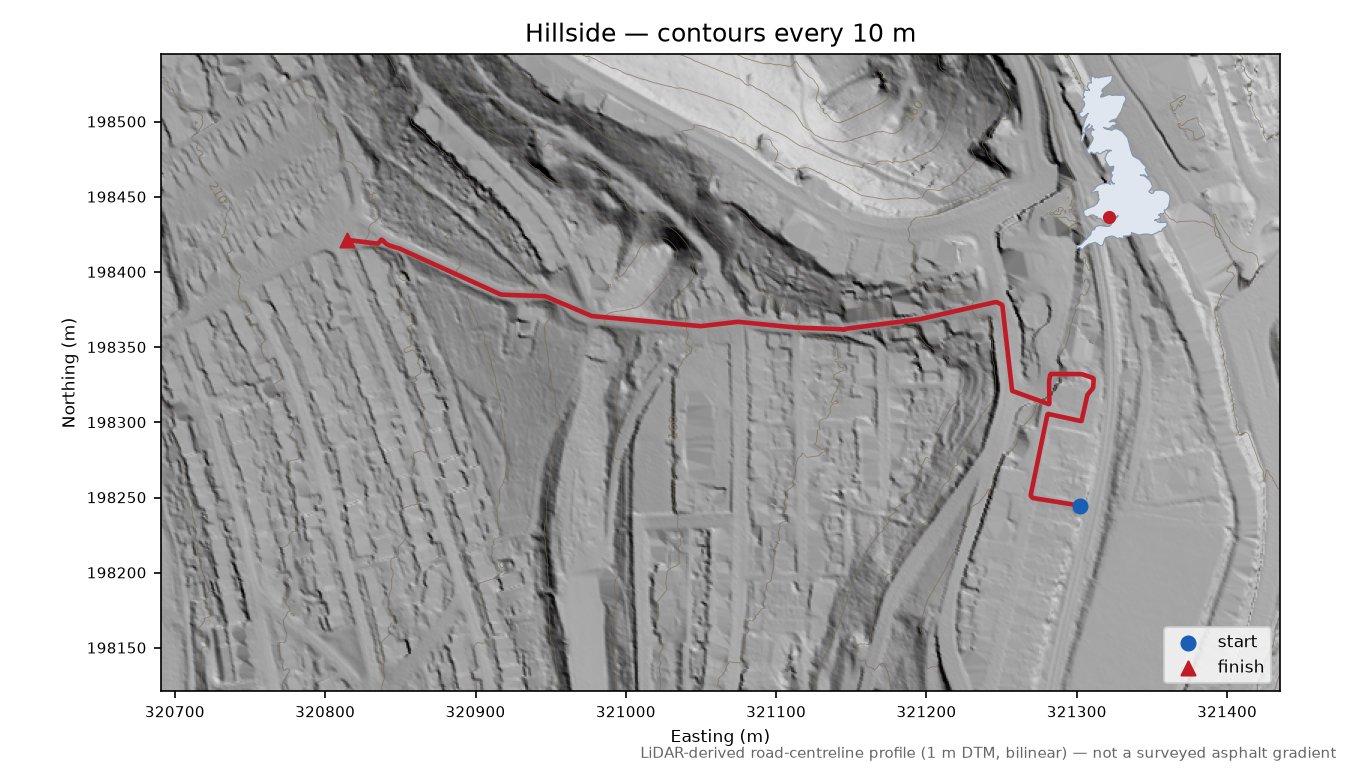 Hillside LiDAR hillshade map with contours