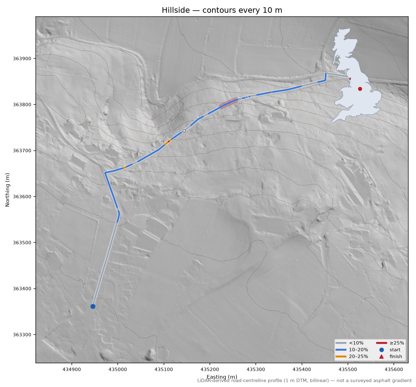 Hillside LiDAR hillshade map with contours