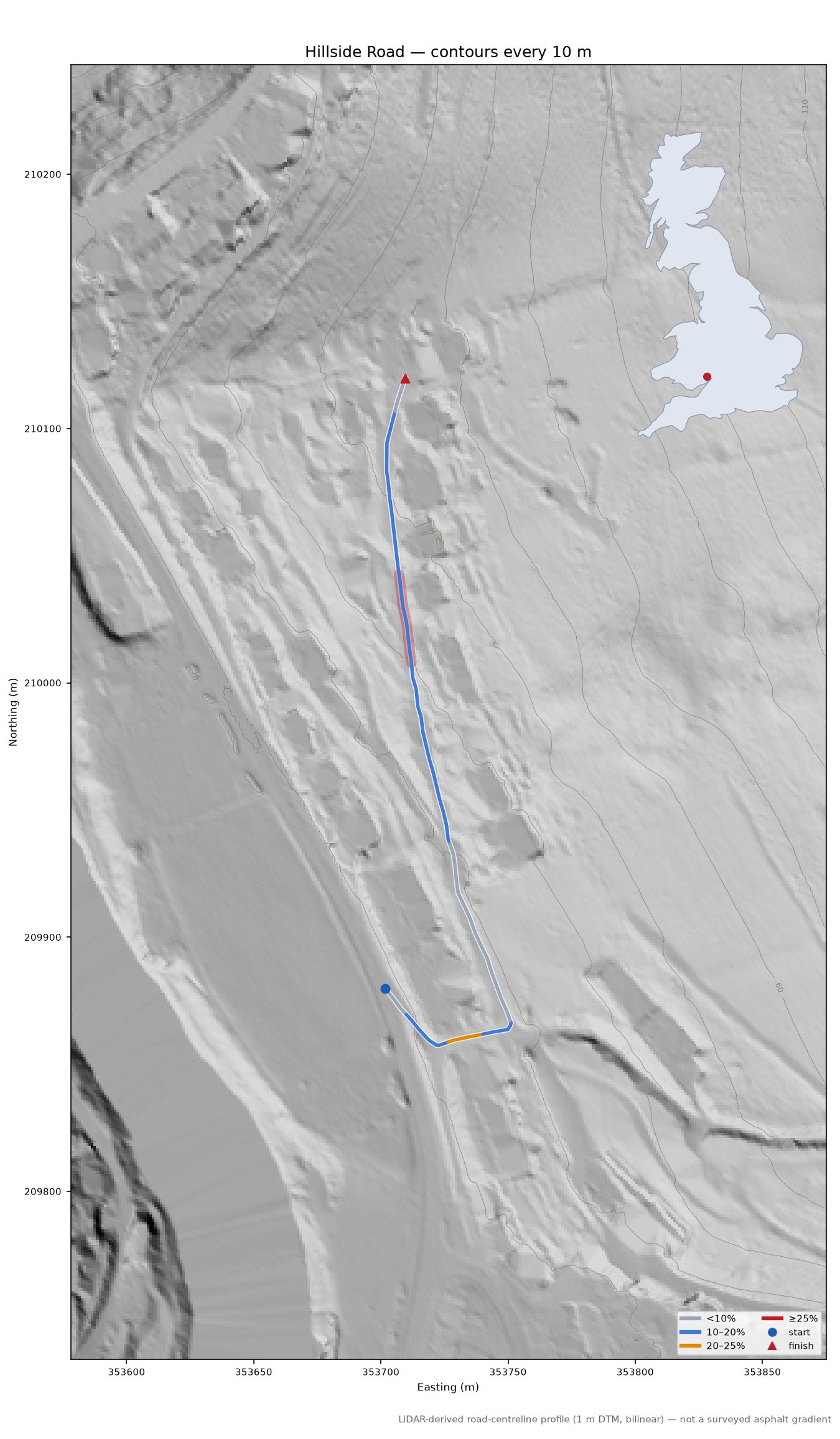 Hillside Road LiDAR hillshade map with contours