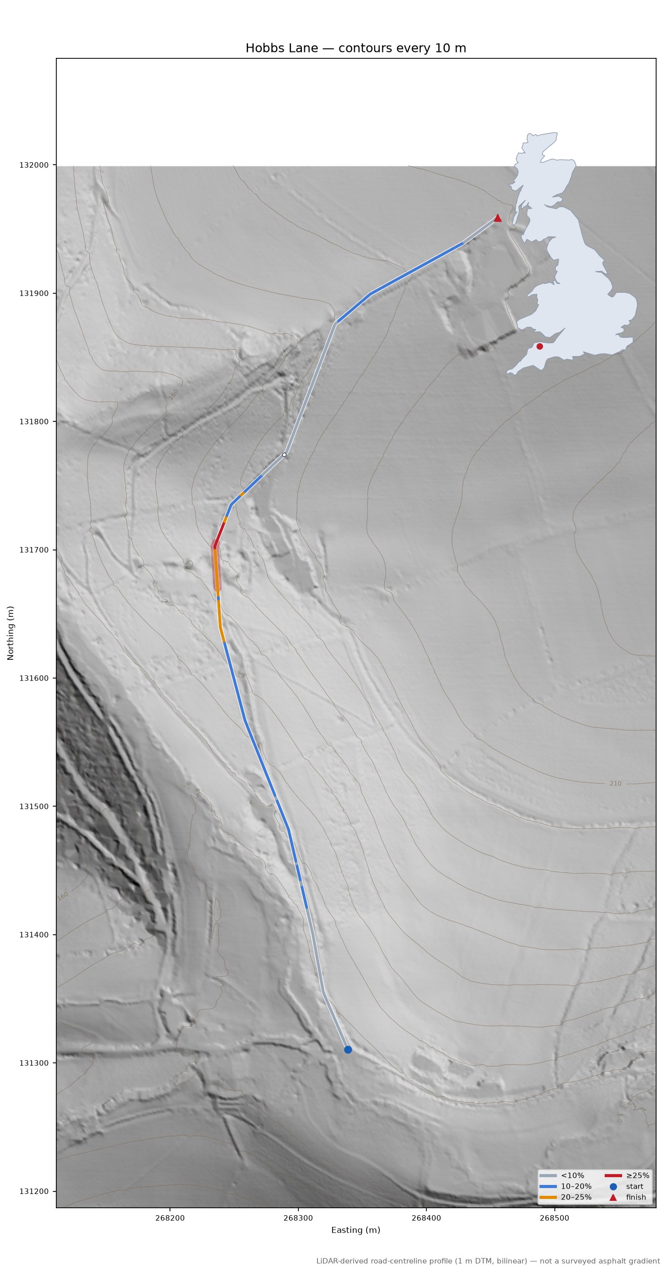 Hobbs Lane LiDAR hillshade map with contours