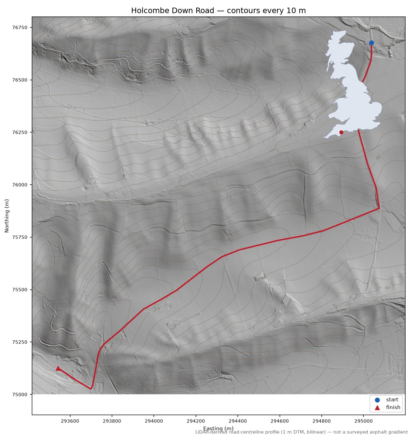 Holcombe Down Road LiDAR hillshade map with contours