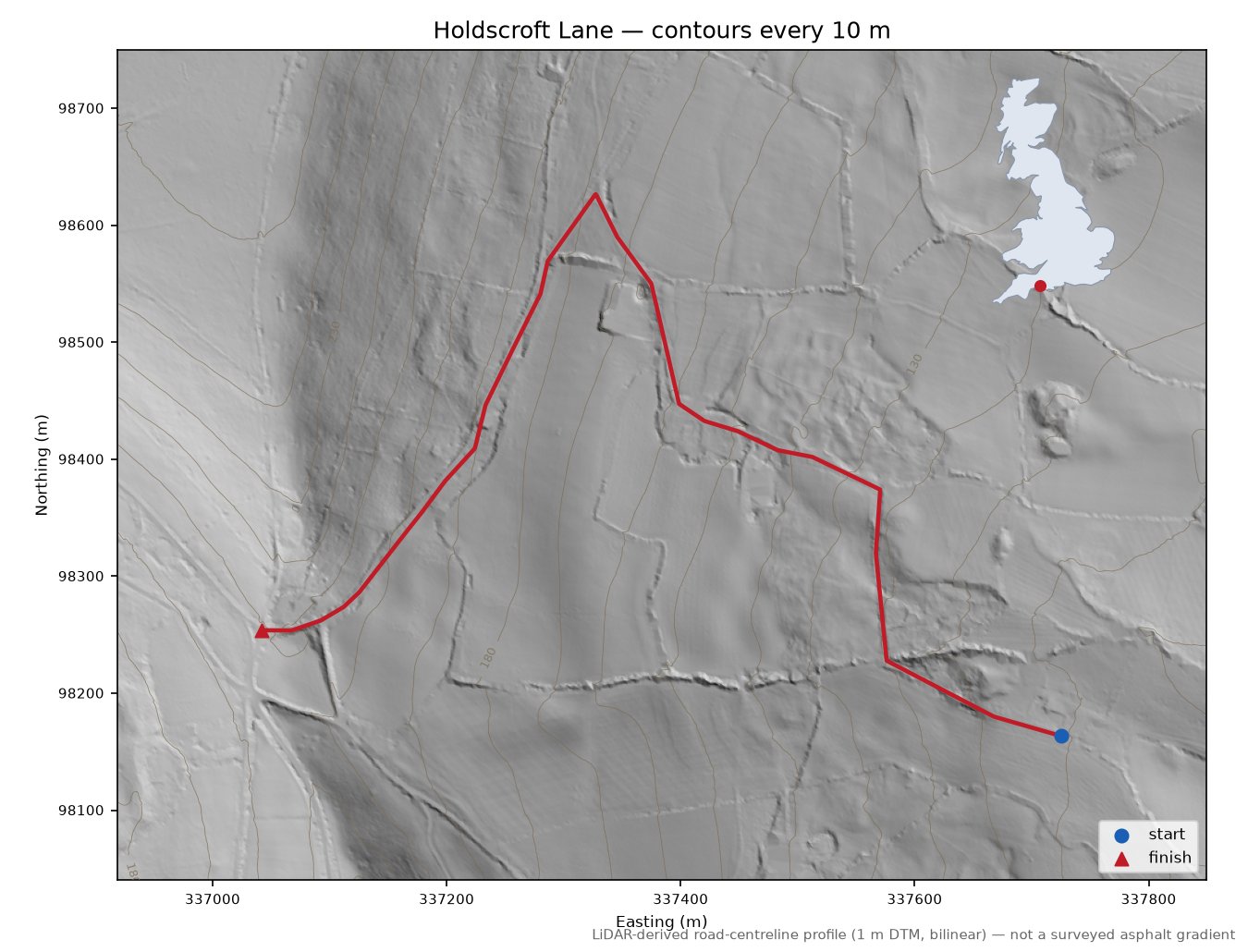 Holdscroft Lane LiDAR hillshade map with contours