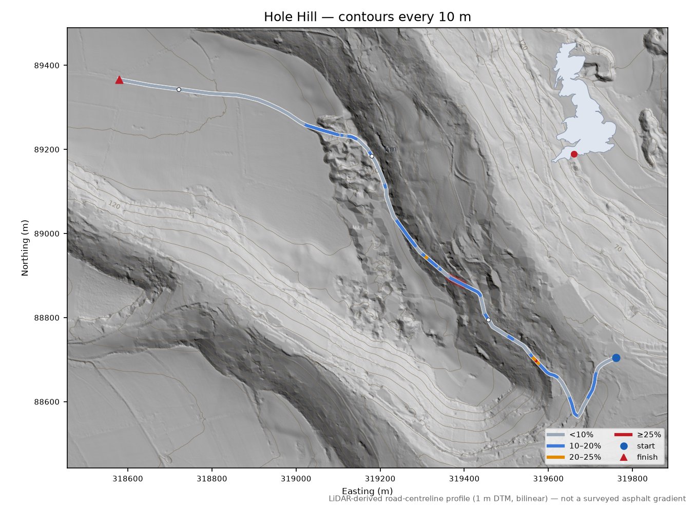Hole Hill LiDAR hillshade map with contours