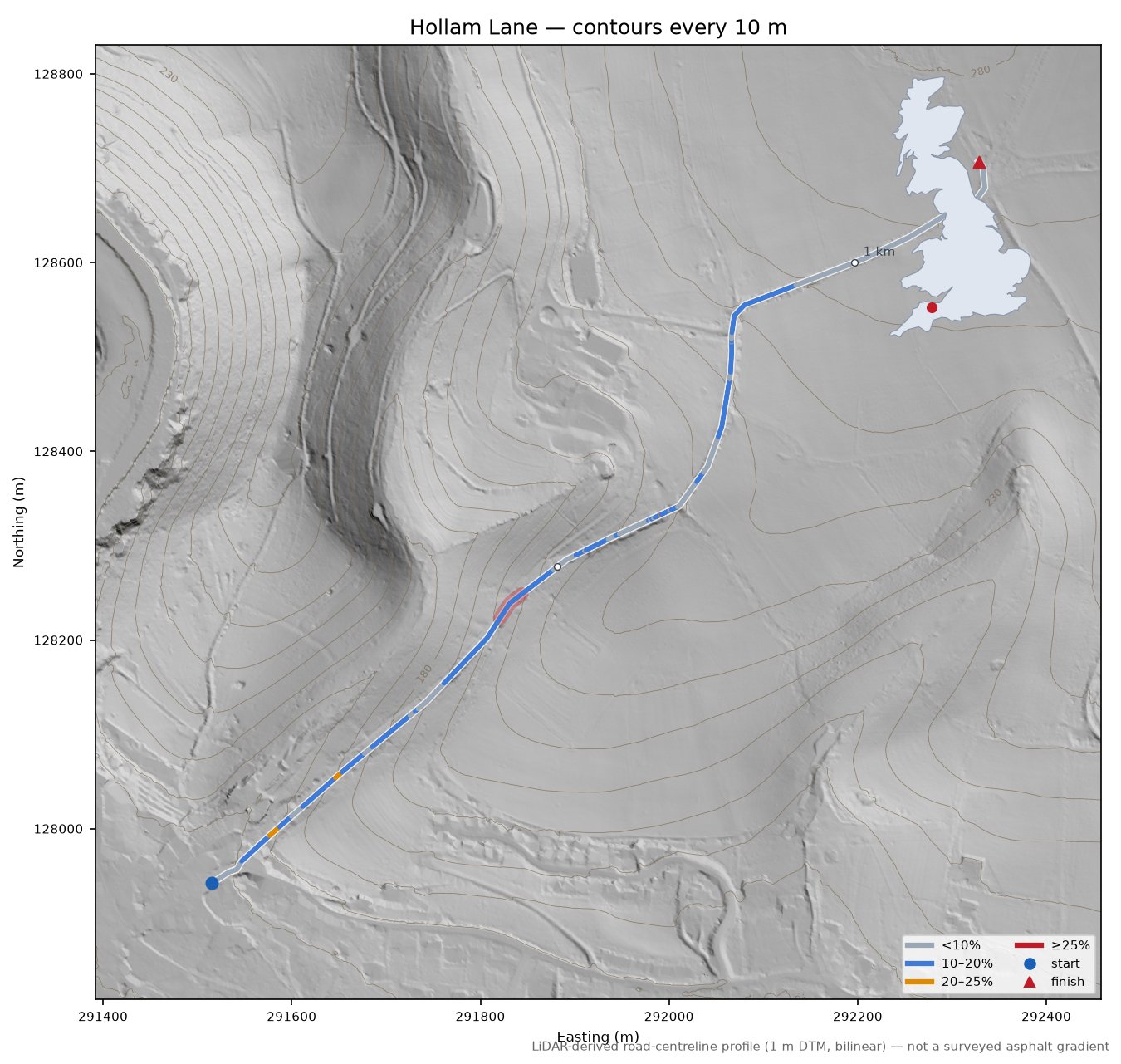 Hollam Lane LiDAR hillshade map with contours