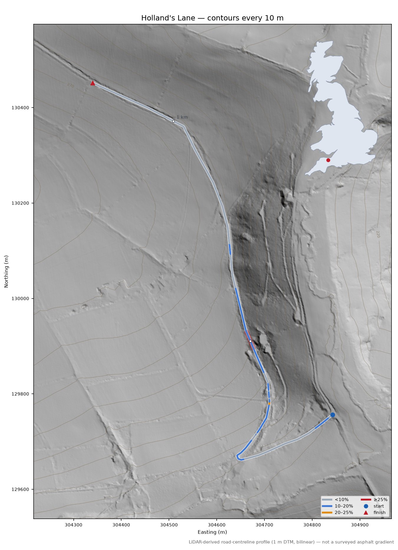 Holland's Lane LiDAR hillshade map with contours