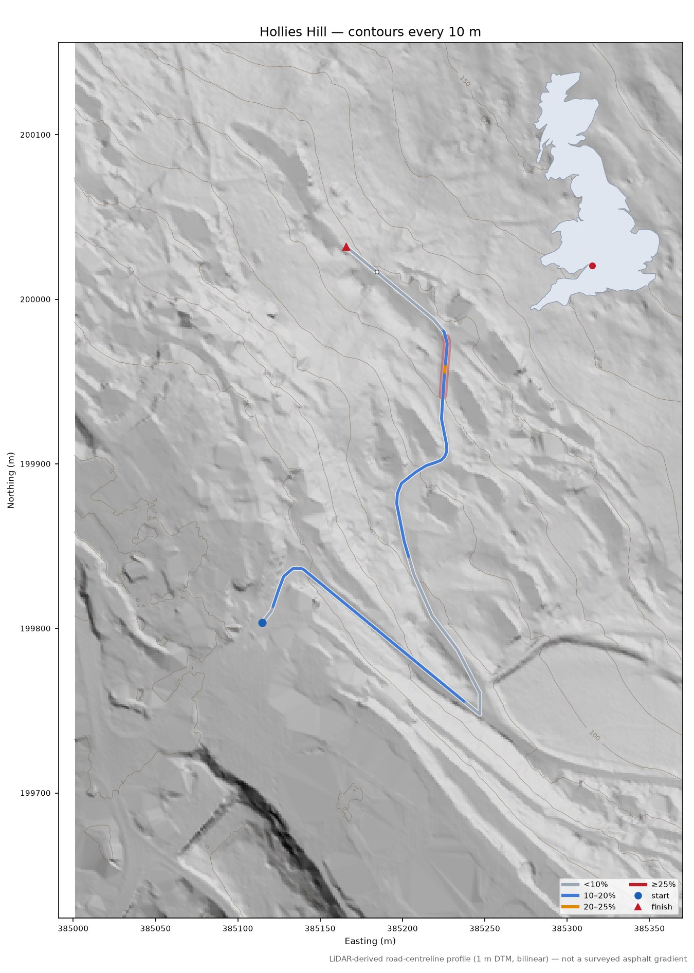 Hollies Hill LiDAR hillshade map with contours