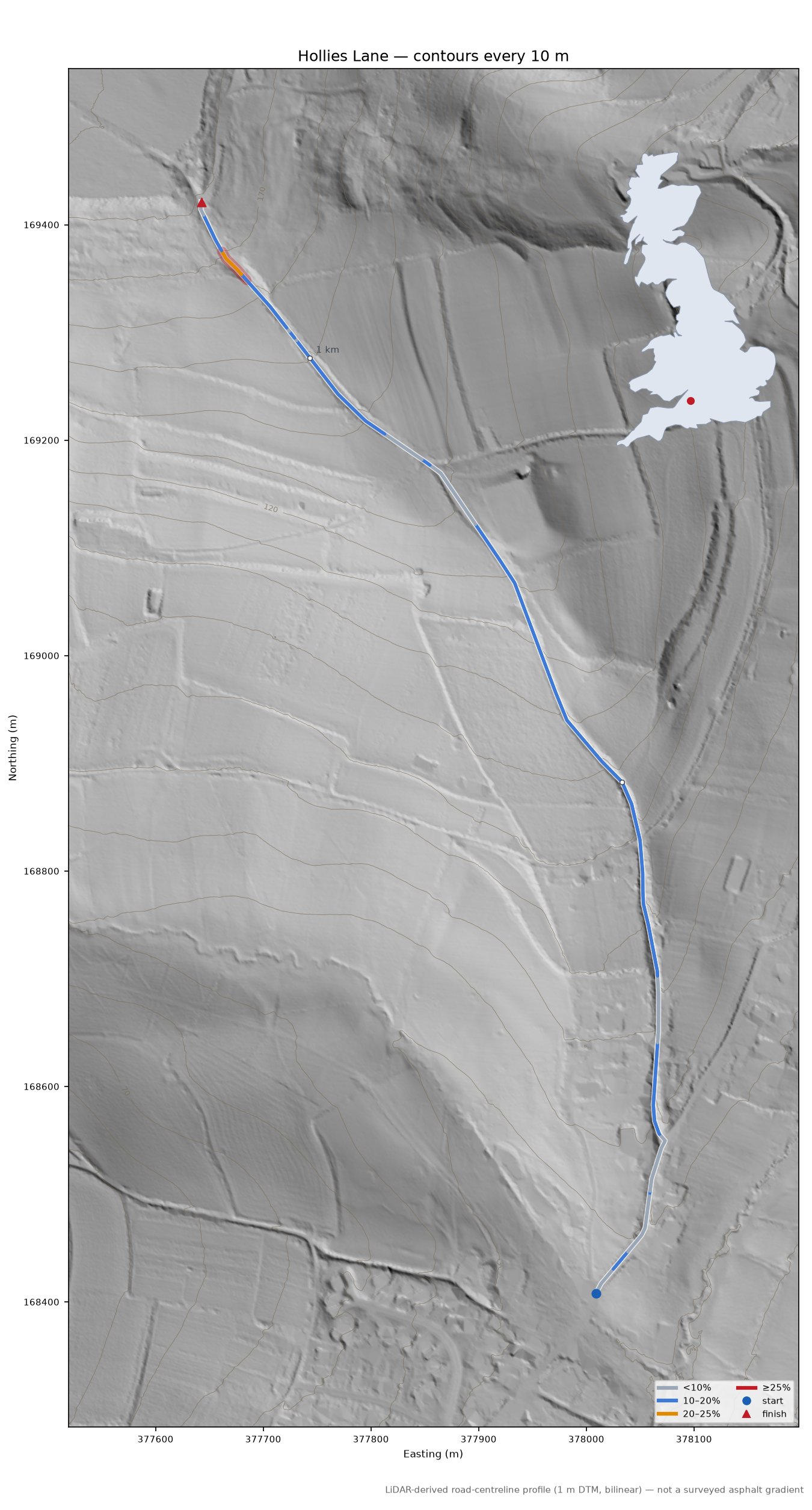 Hollies Lane LiDAR hillshade map with contours