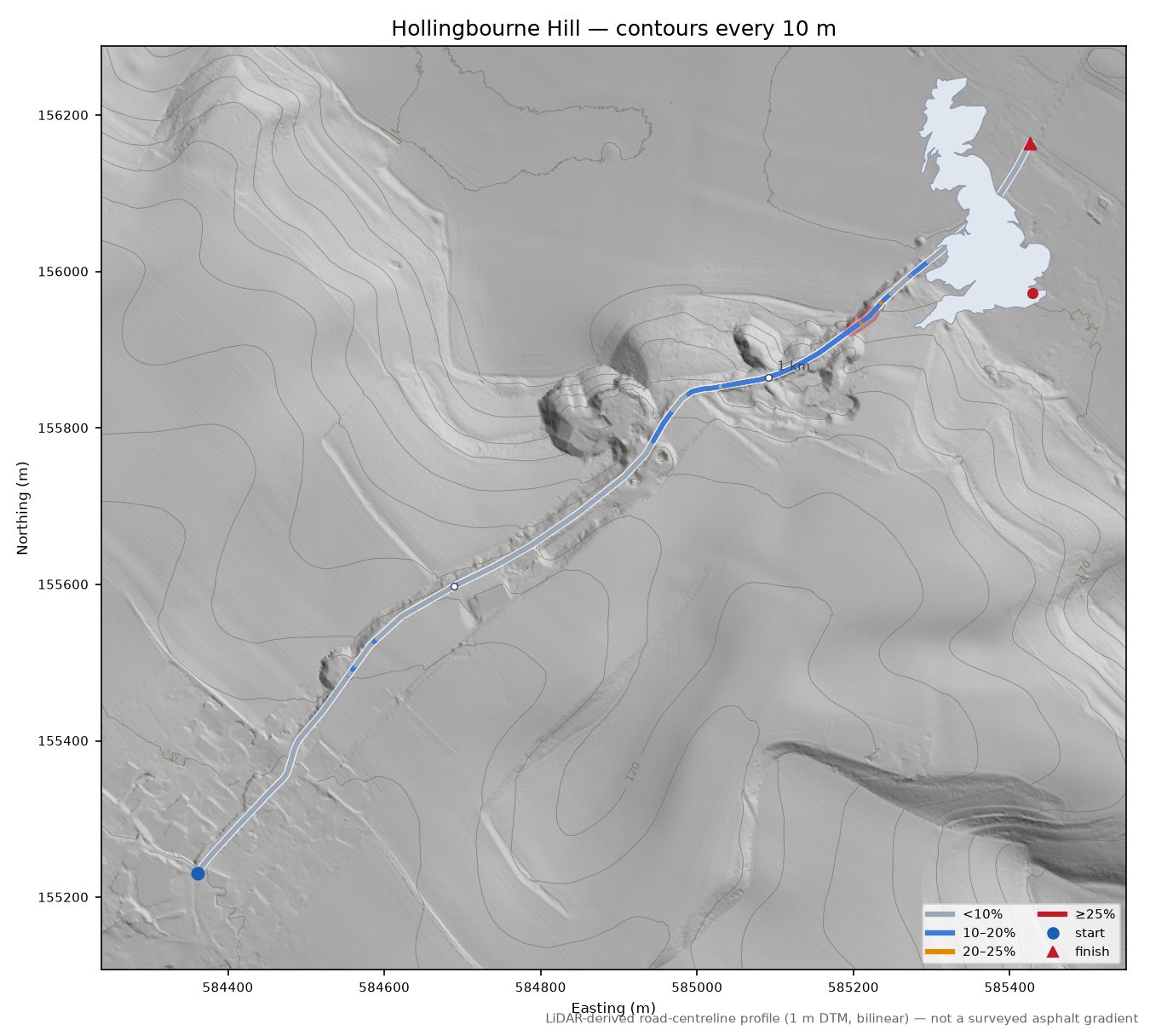 Hollingbourne Hill LiDAR hillshade map with contours