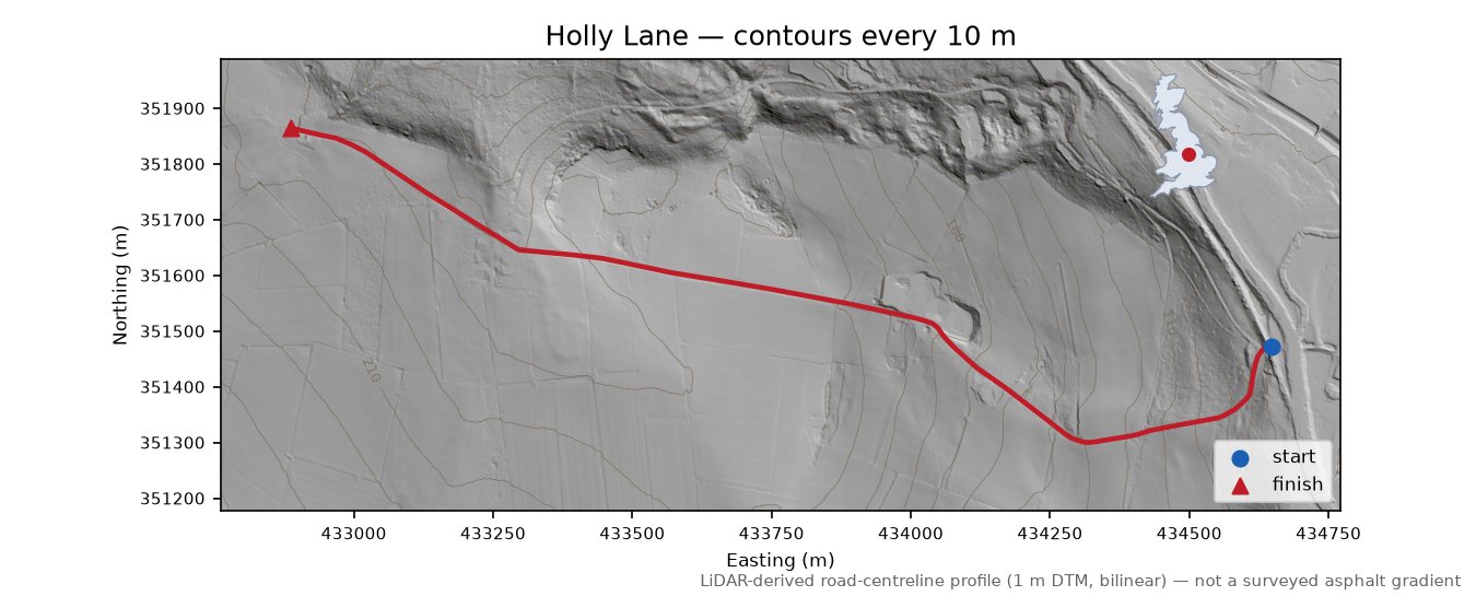 Holly Lane LiDAR hillshade map with contours