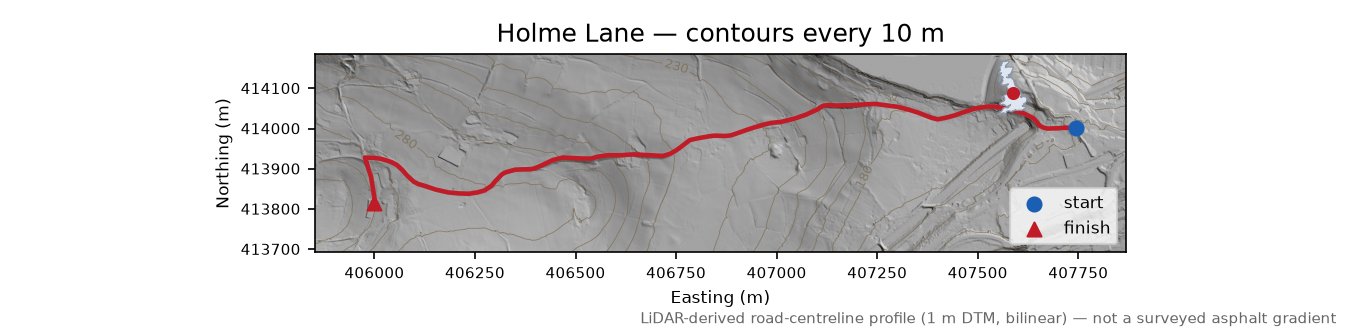 Holme Lane LiDAR hillshade map with contours