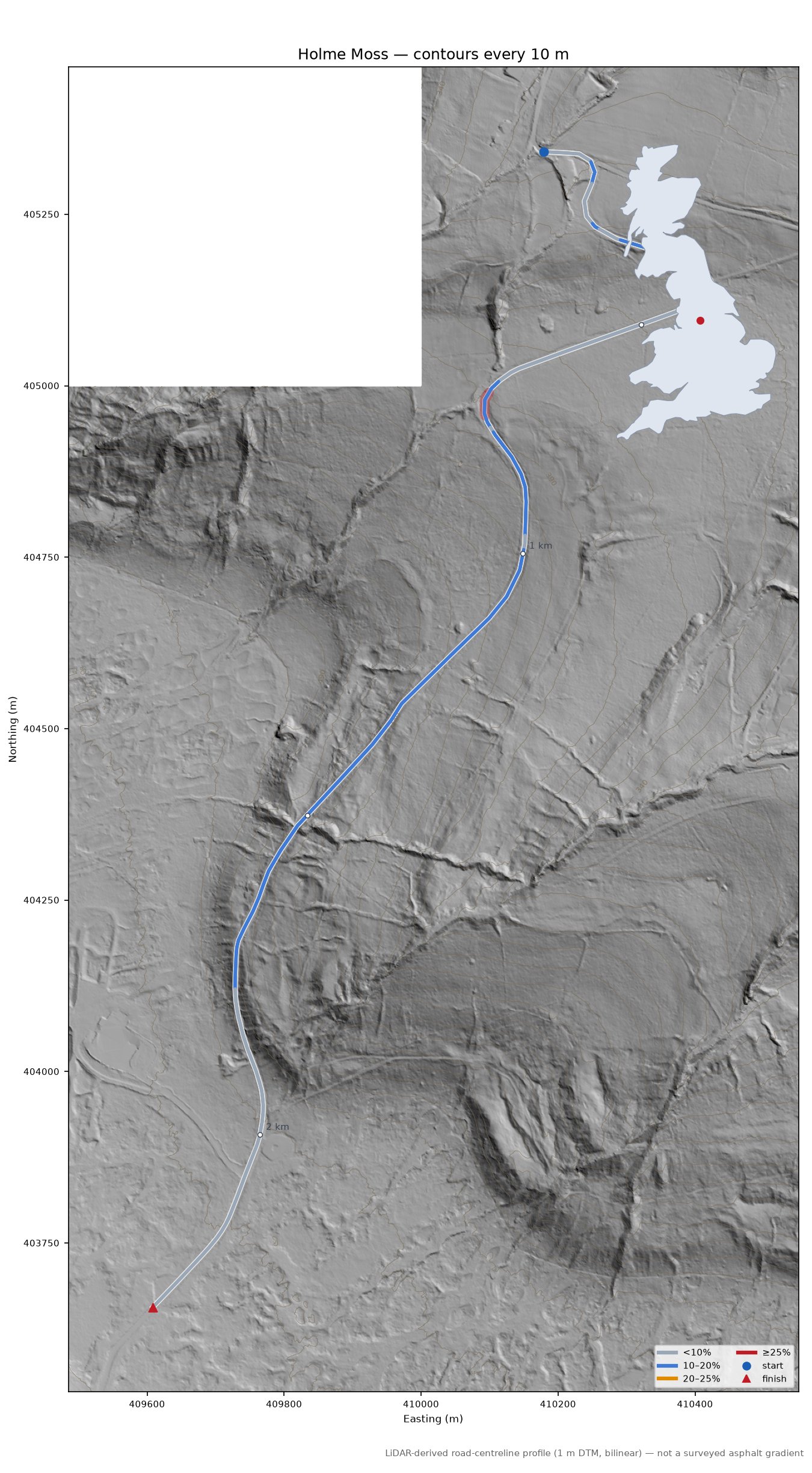 Holme Moss LiDAR hillshade map with contours