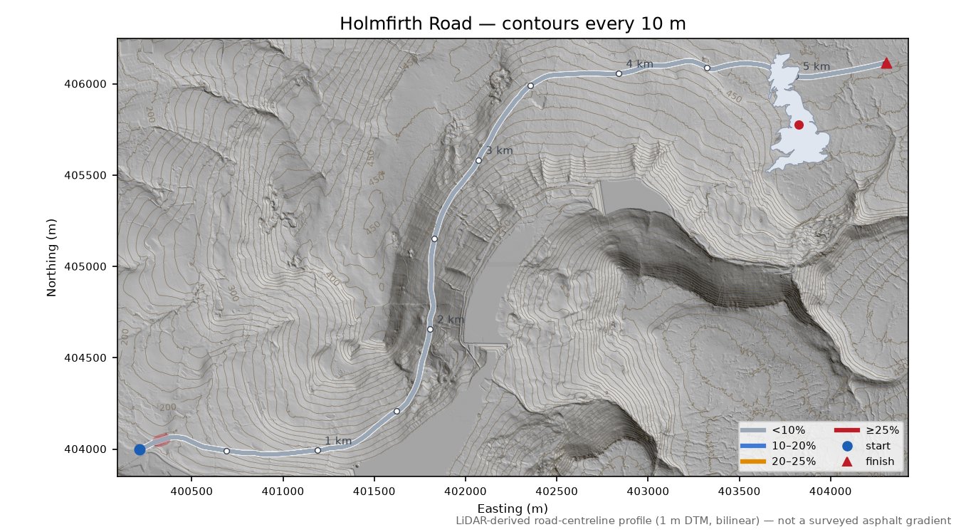 Holmfirth Road LiDAR hillshade map with contours