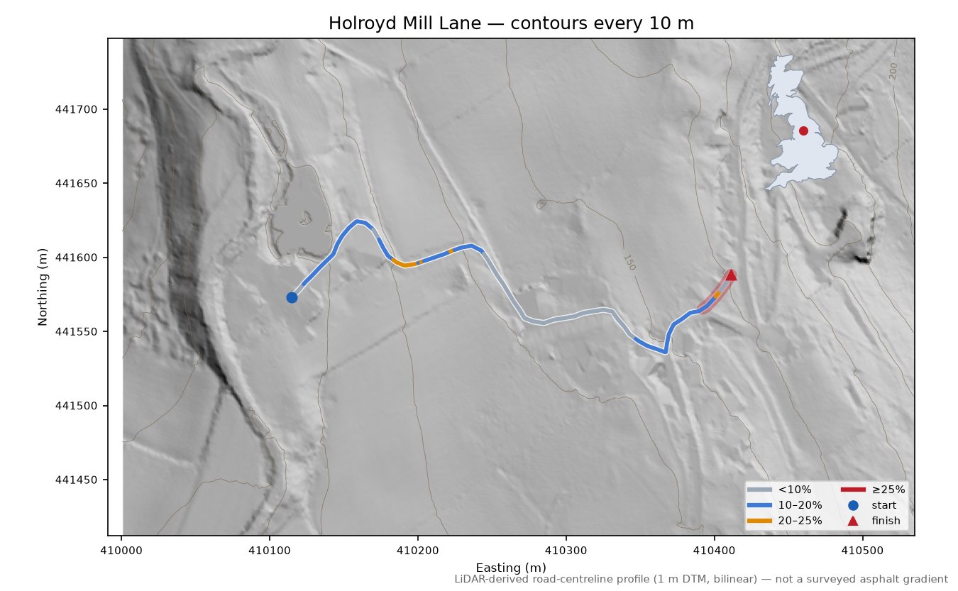 Holroyd Mill Lane LiDAR hillshade map with contours