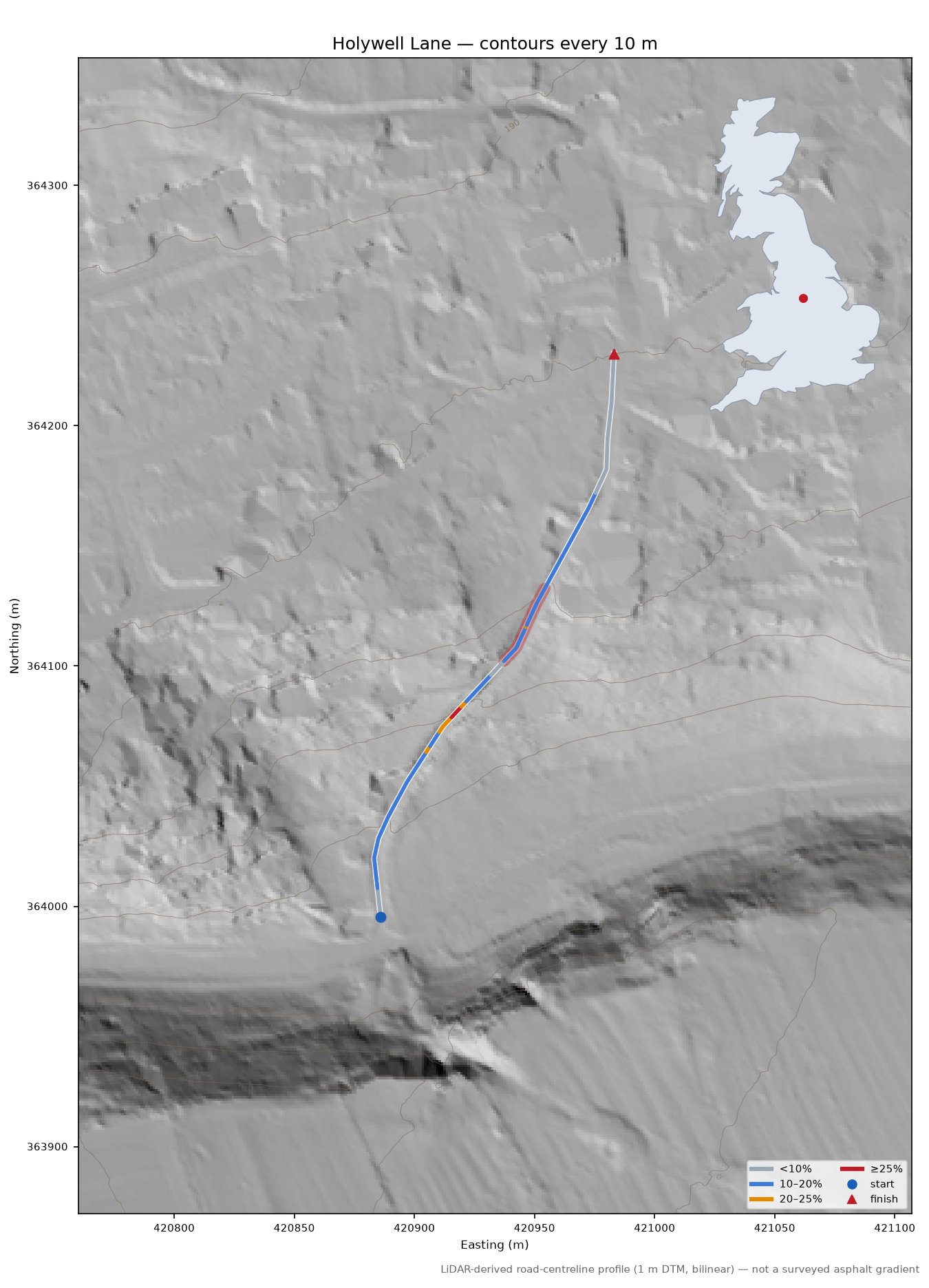 Holywell Lane LiDAR hillshade map with contours