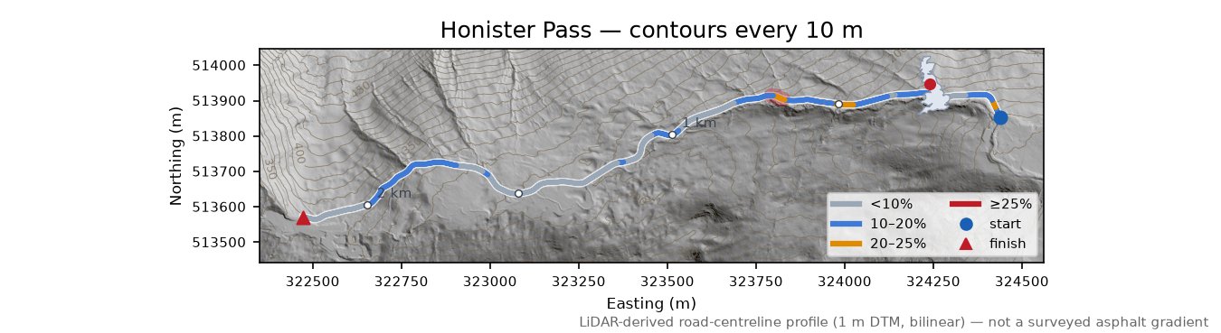 Honister Pass LiDAR hillshade map with contours