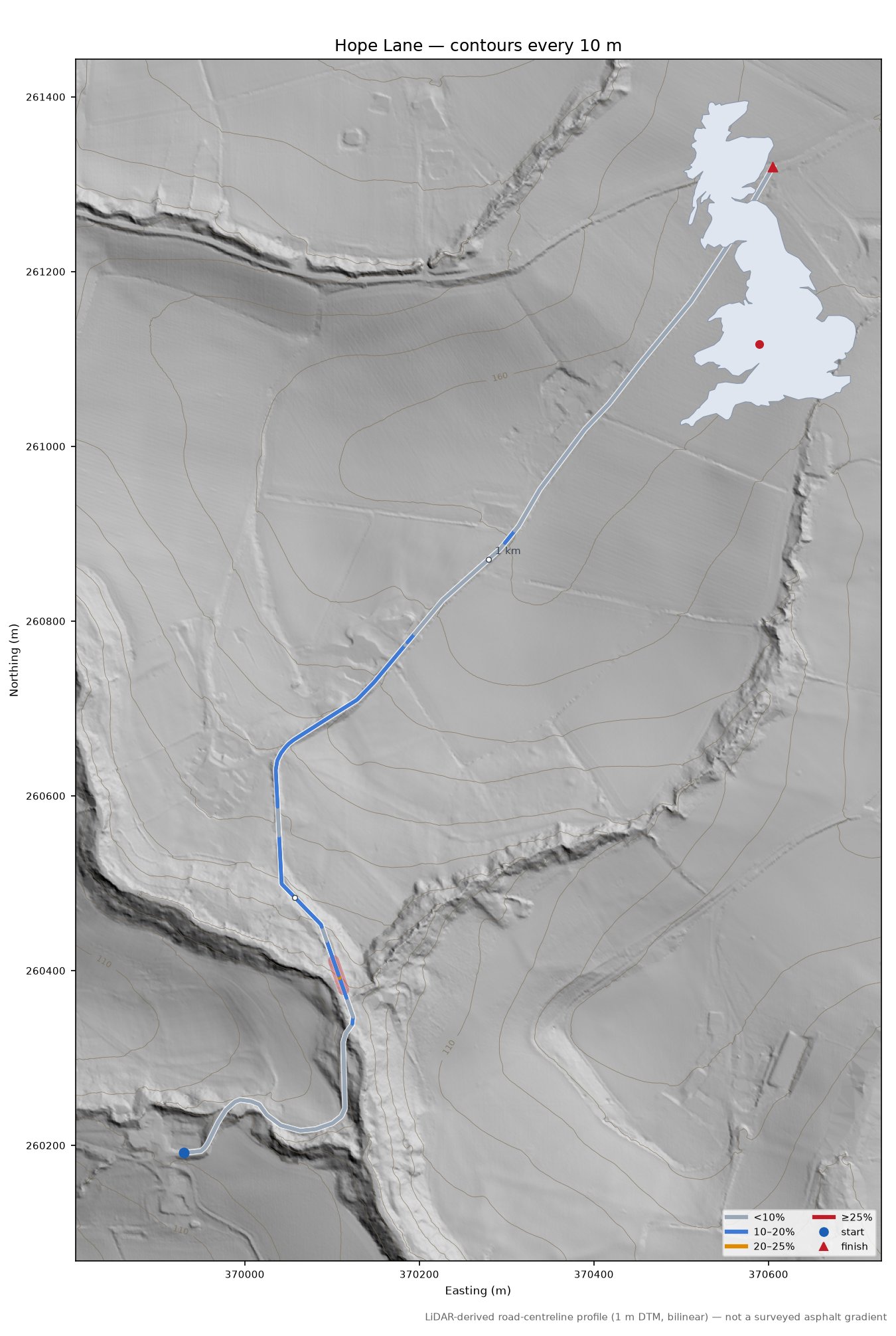 Hope Lane LiDAR hillshade map with contours