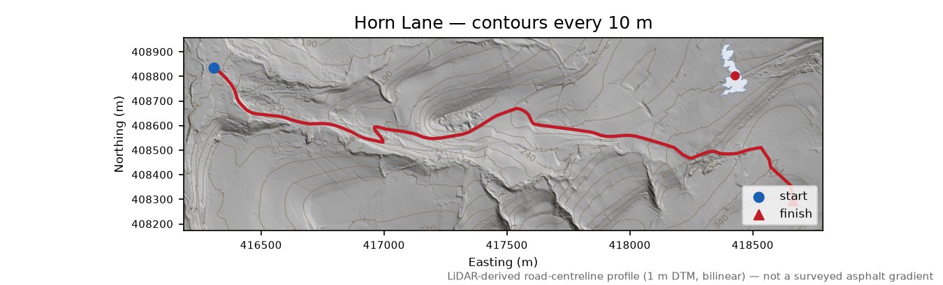 Horn Lane LiDAR hillshade map with contours