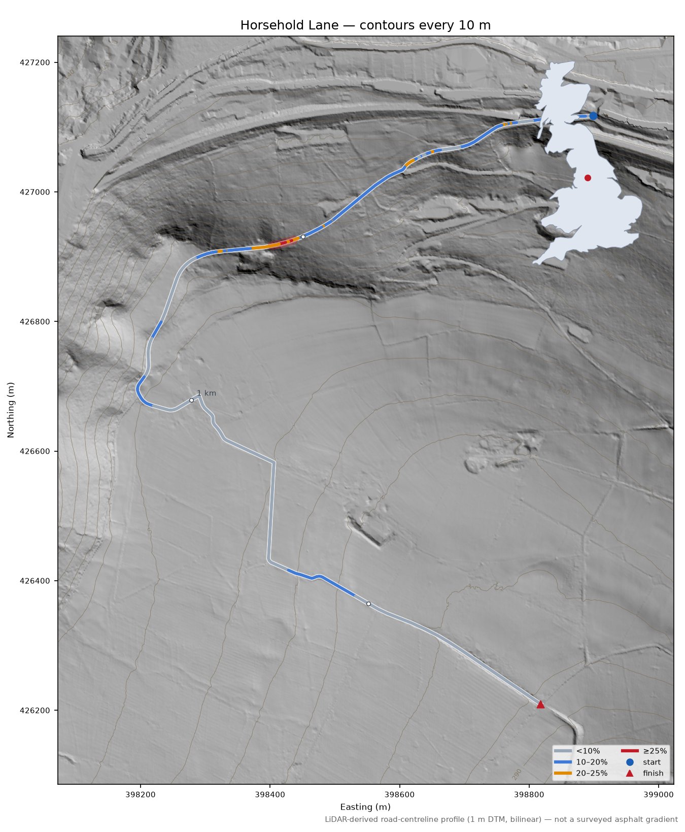 Horsehold Lane LiDAR hillshade map with contours