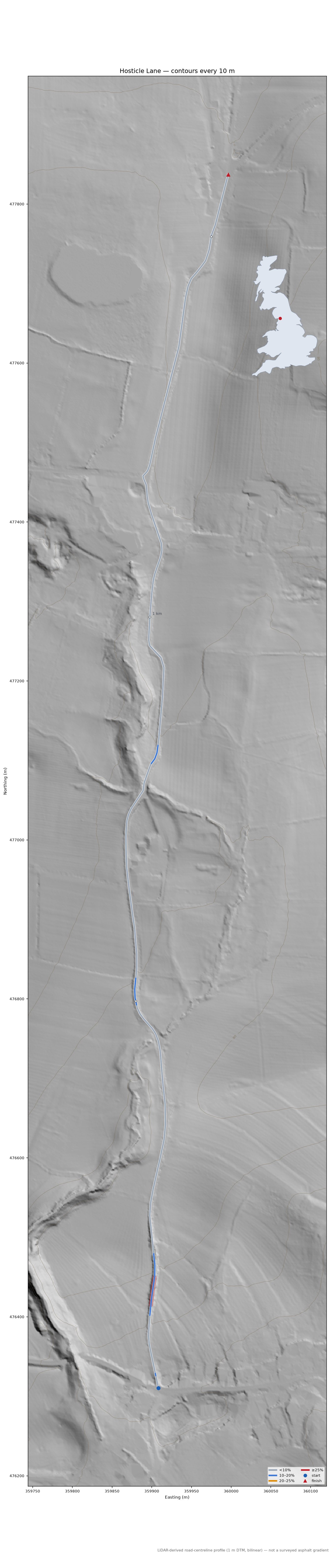 Hosticle Lane LiDAR hillshade map with contours
