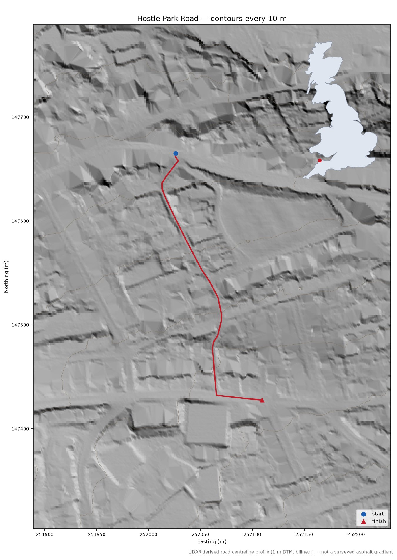 Hostle Park Road LiDAR hillshade map with contours