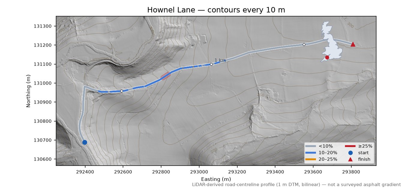 Hownel Lane LiDAR hillshade map with contours