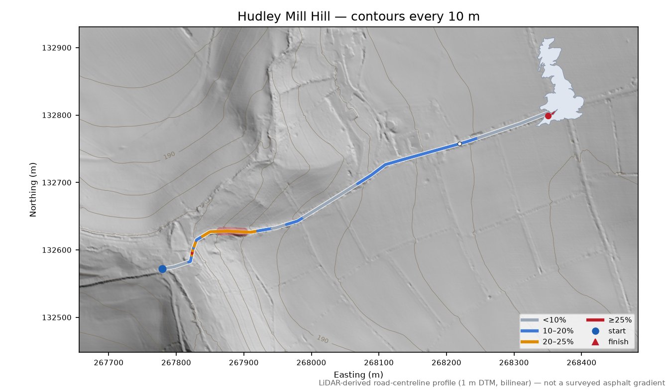 Hudley Mill Hill LiDAR hillshade map with contours