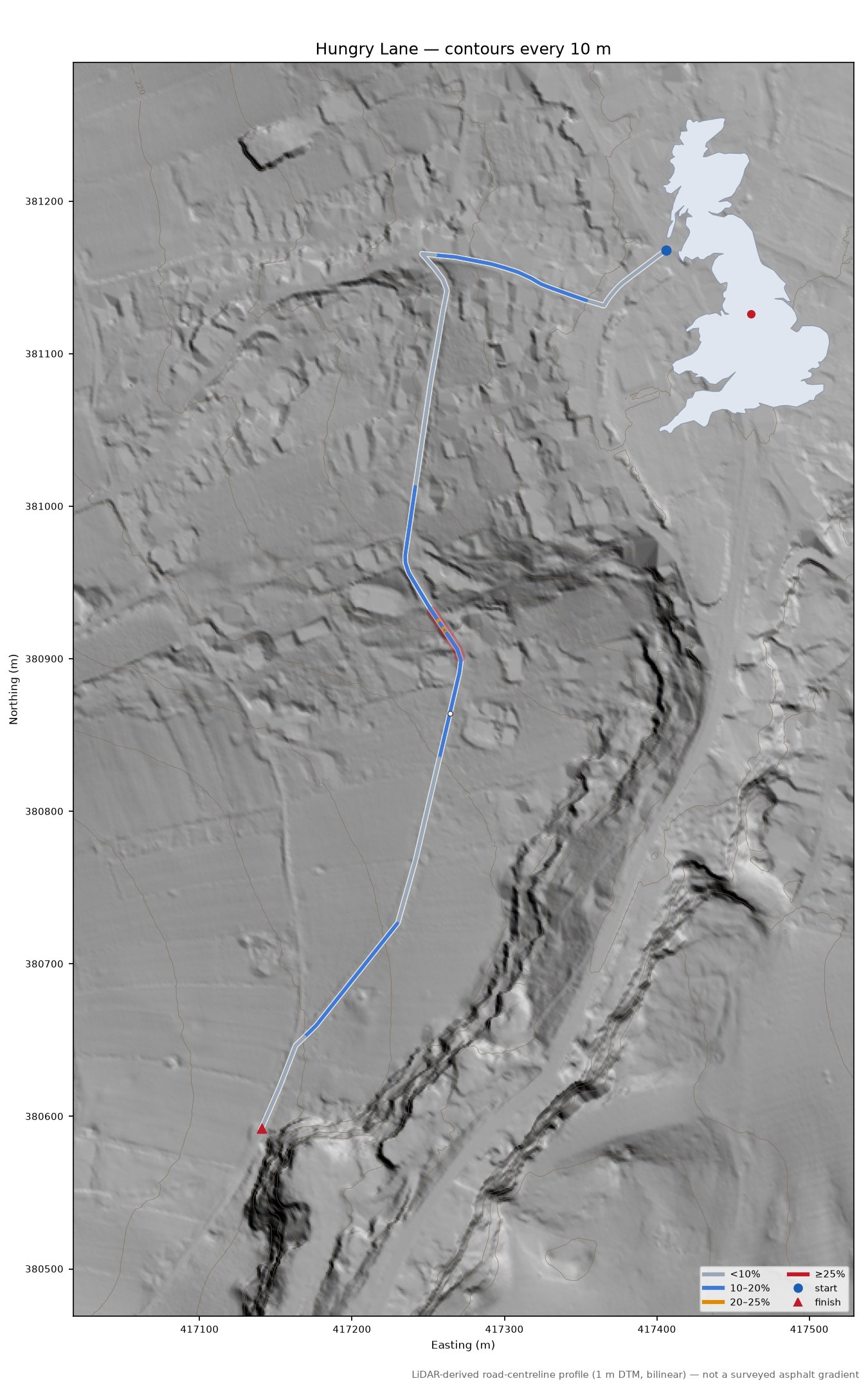 Hungry Lane LiDAR hillshade map with contours