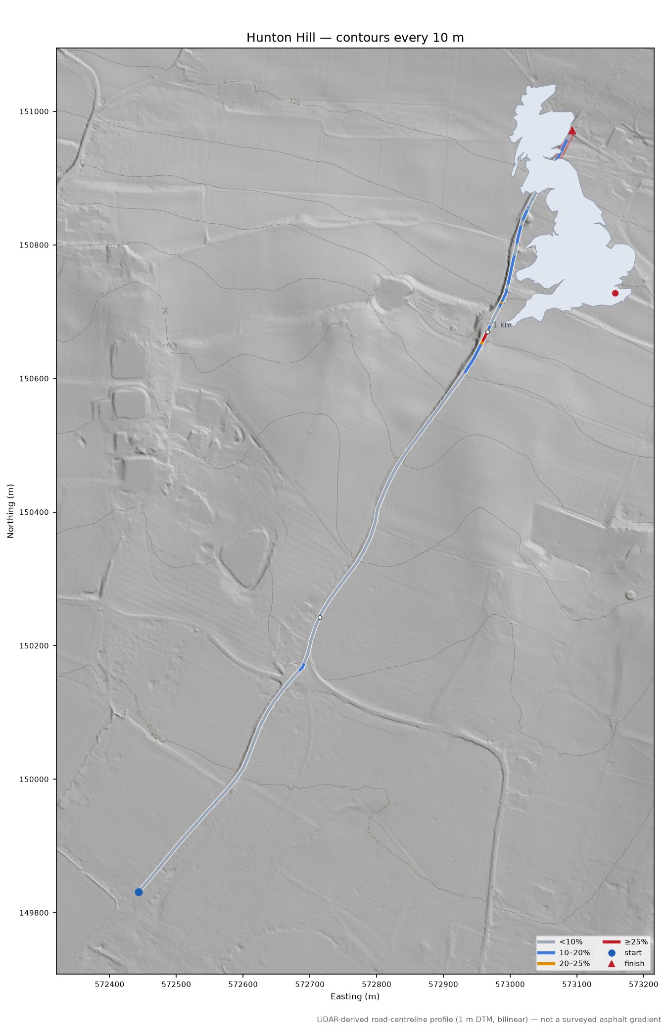 Hunton Hill LiDAR hillshade map with contours