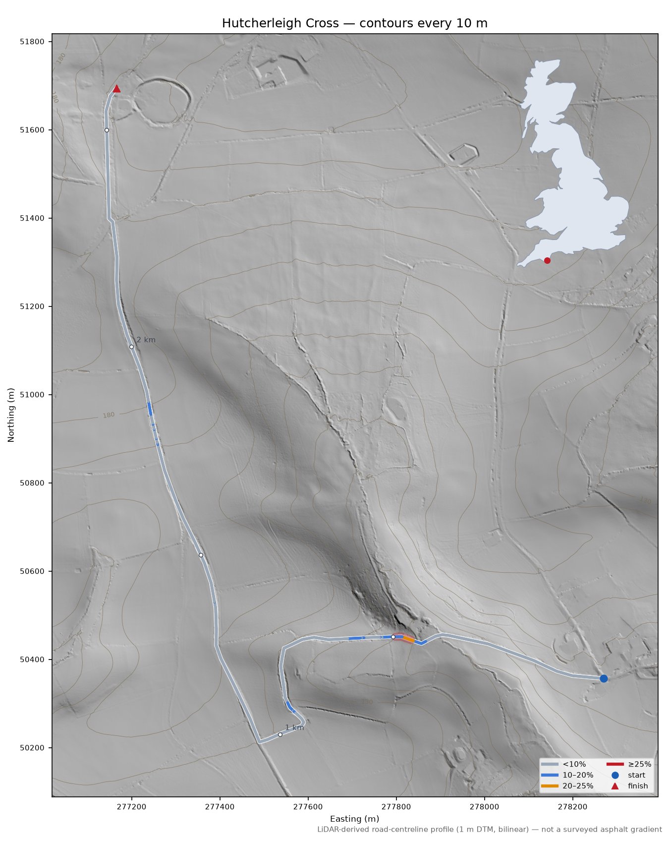Hutcherleigh Cross LiDAR hillshade map with contours
