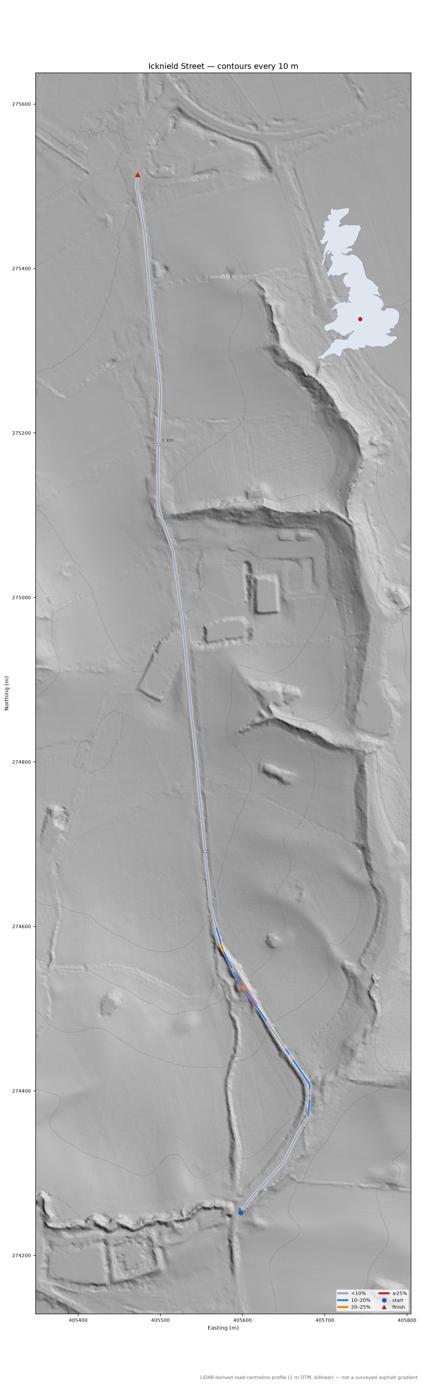 Icknield Street LiDAR hillshade map with contours