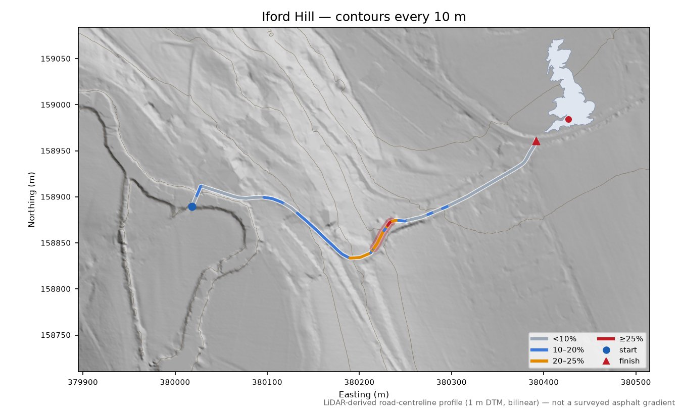 Iford Hill LiDAR hillshade map with contours