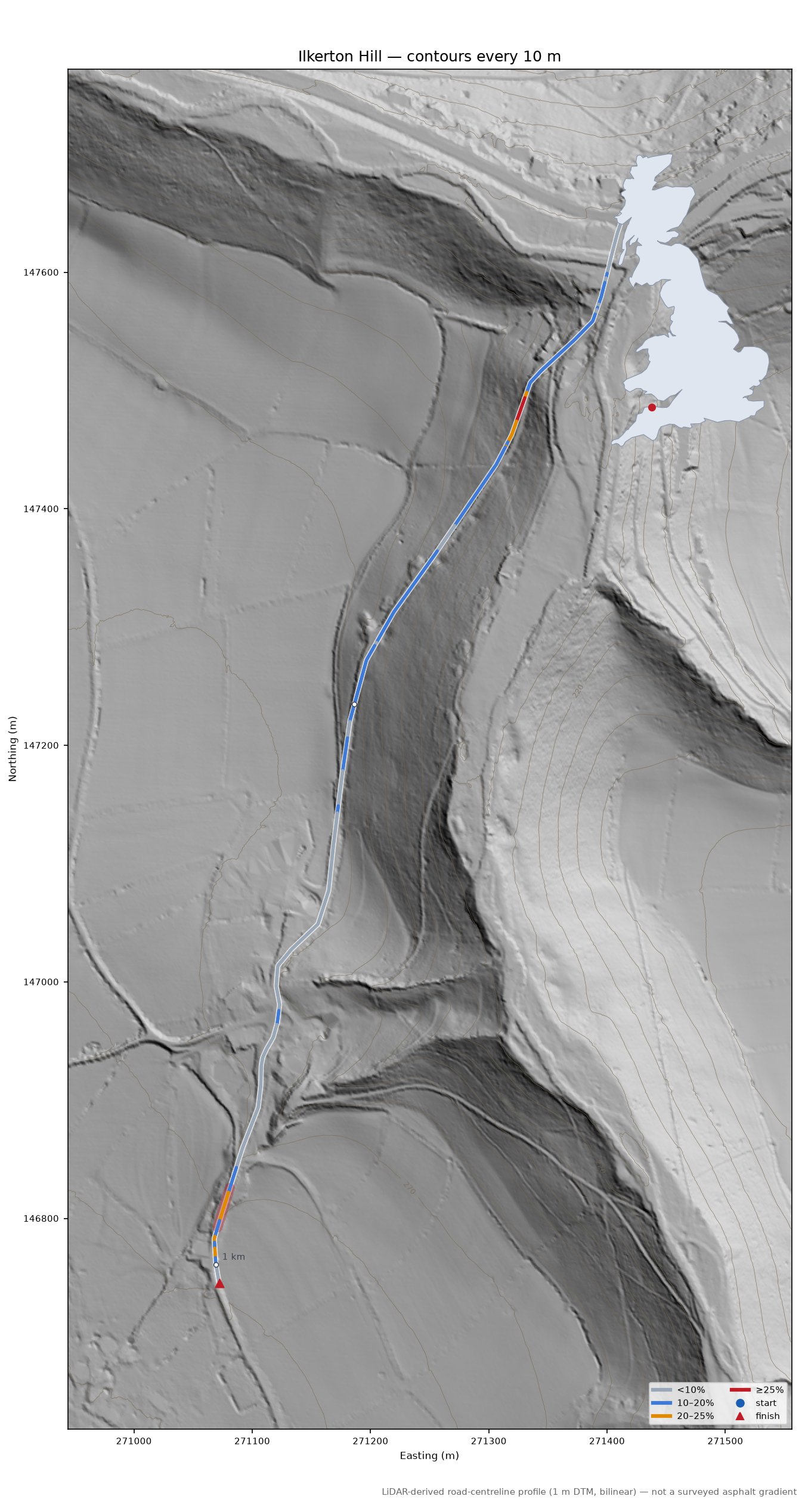 Ilkerton Hill LiDAR hillshade map with contours