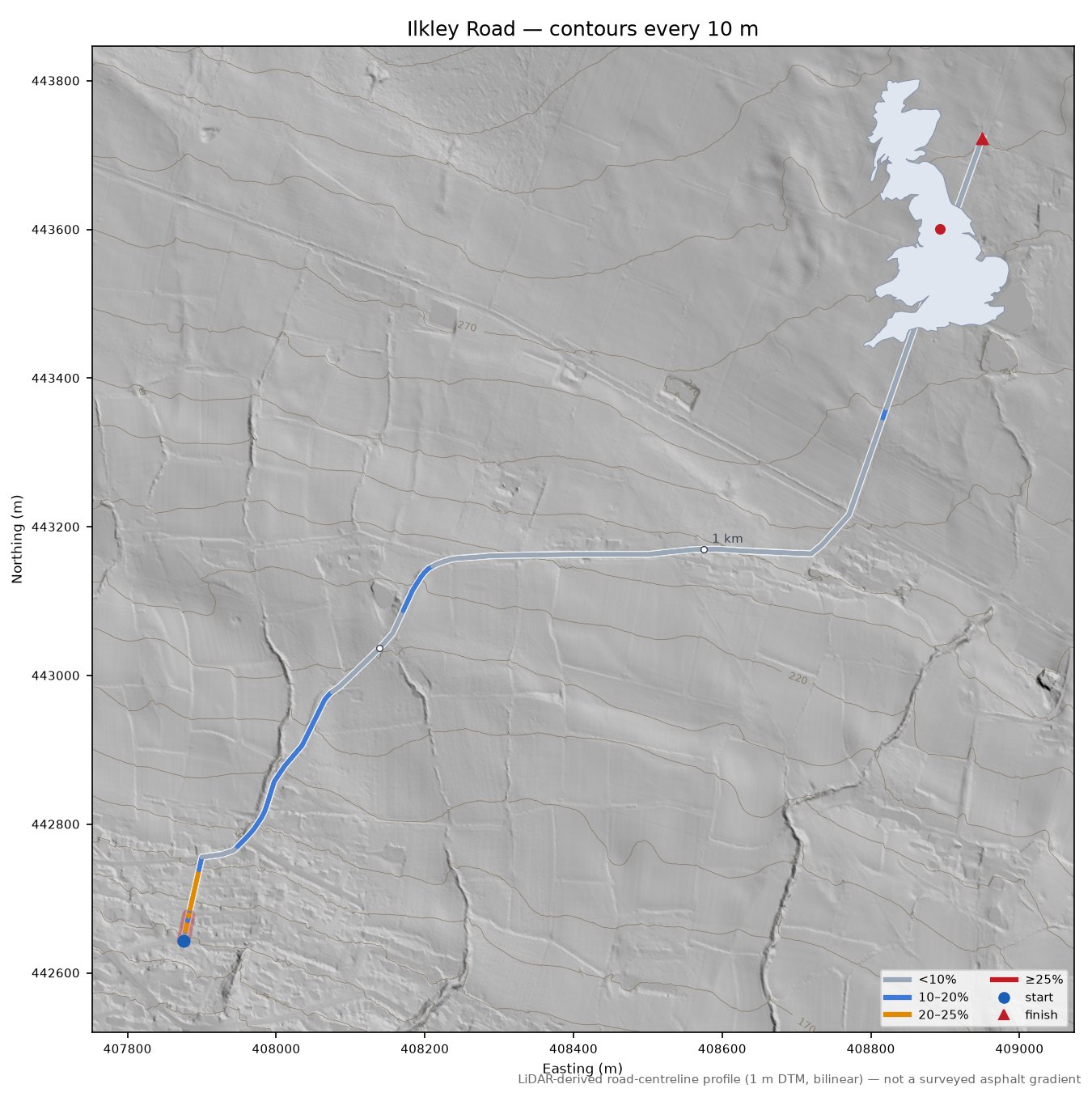Ilkley Road LiDAR hillshade map with contours