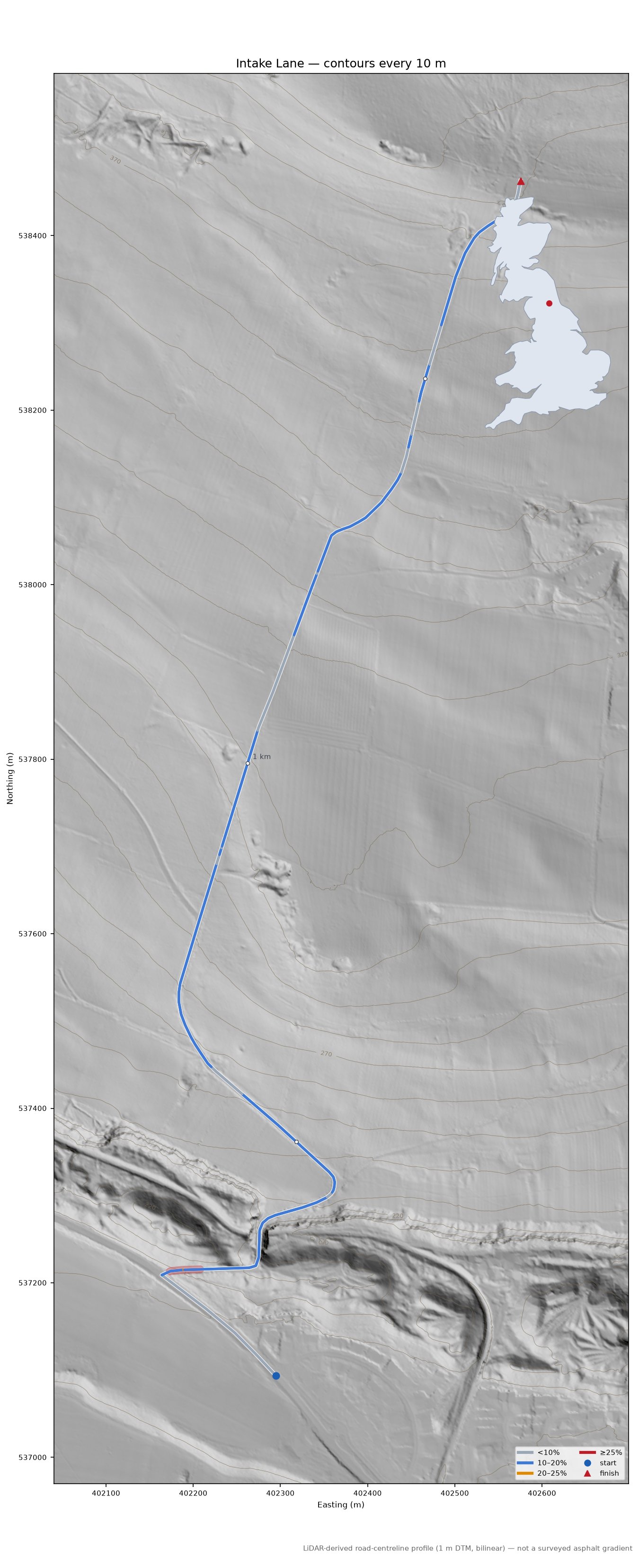 Intake Lane LiDAR hillshade map with contours