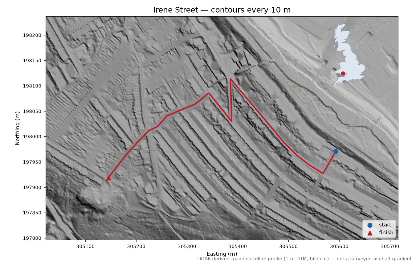 Irene Street LiDAR hillshade map with contours