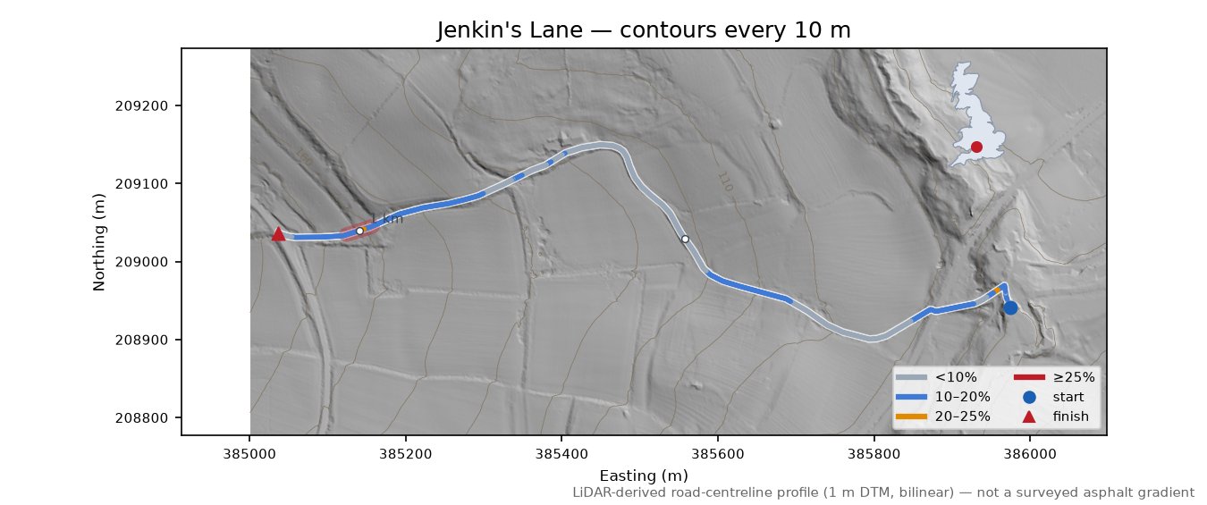Jenkin's Lane LiDAR hillshade map with contours