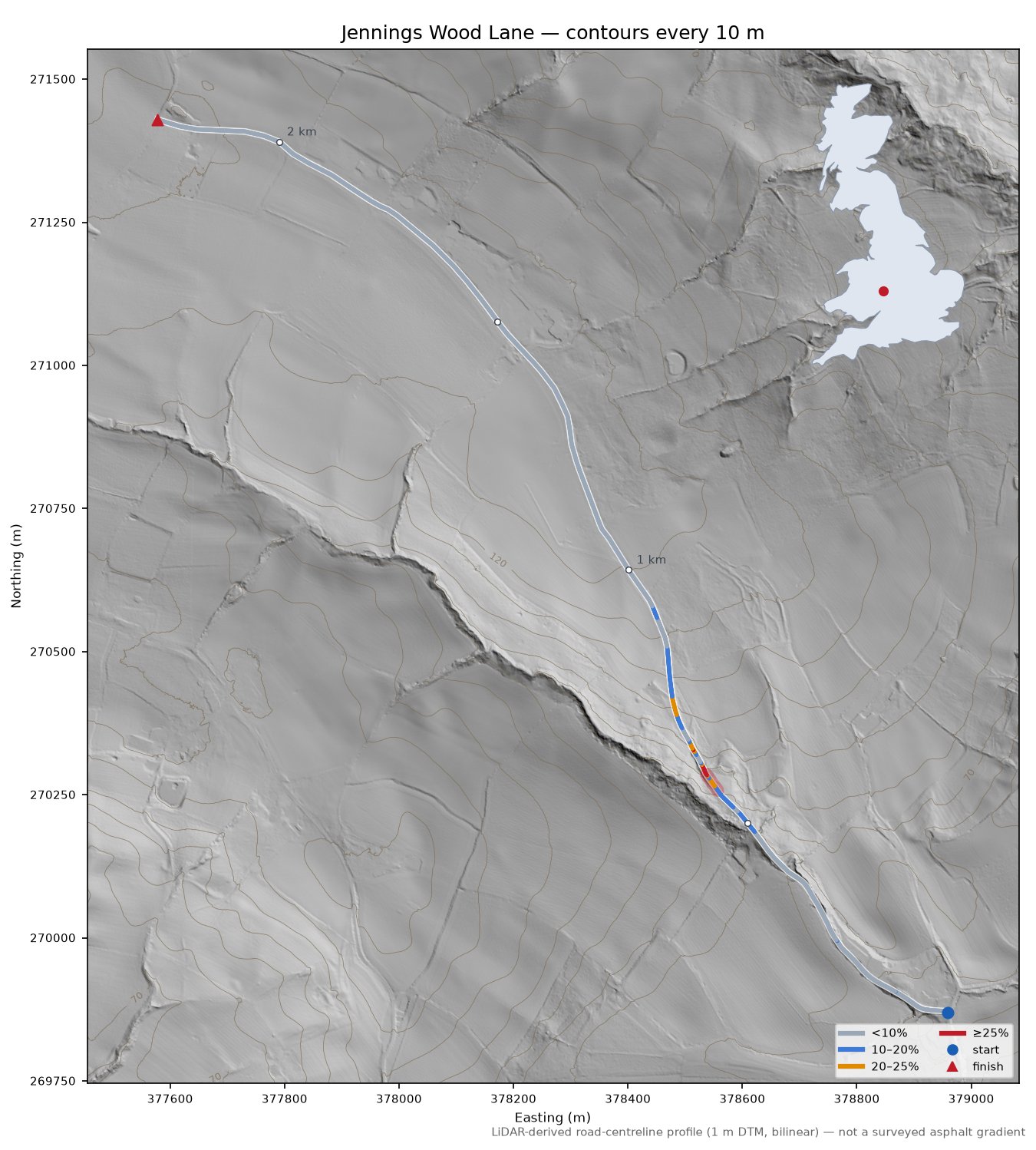 Jennings Wood Lane LiDAR hillshade map with contours