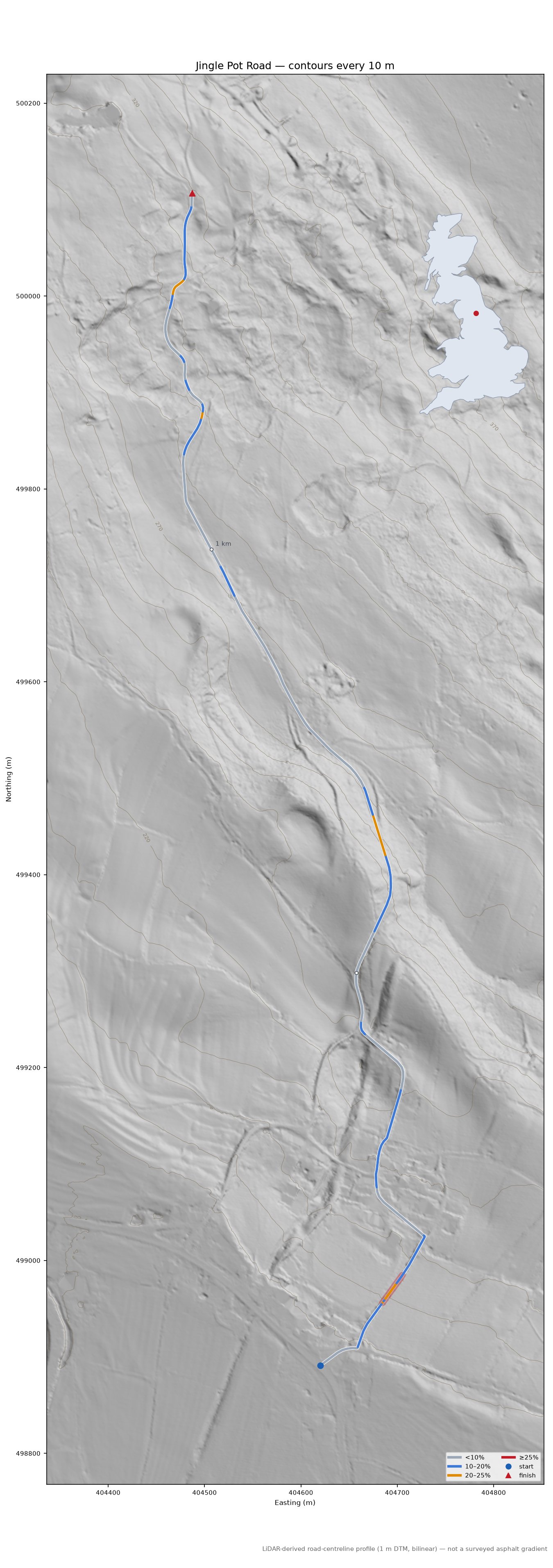 Jingle Pot Road LiDAR hillshade map with contours