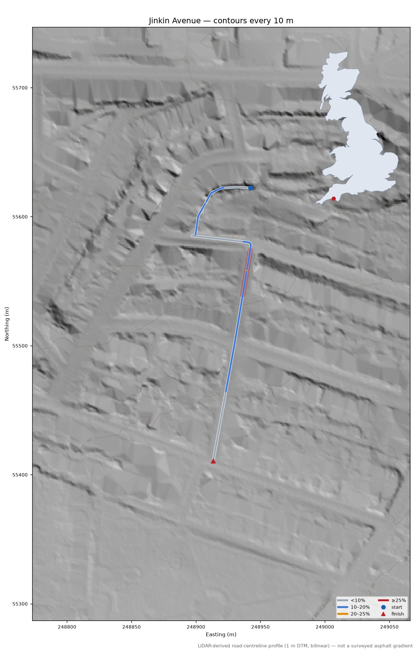 Jinkin Avenue LiDAR hillshade map with contours