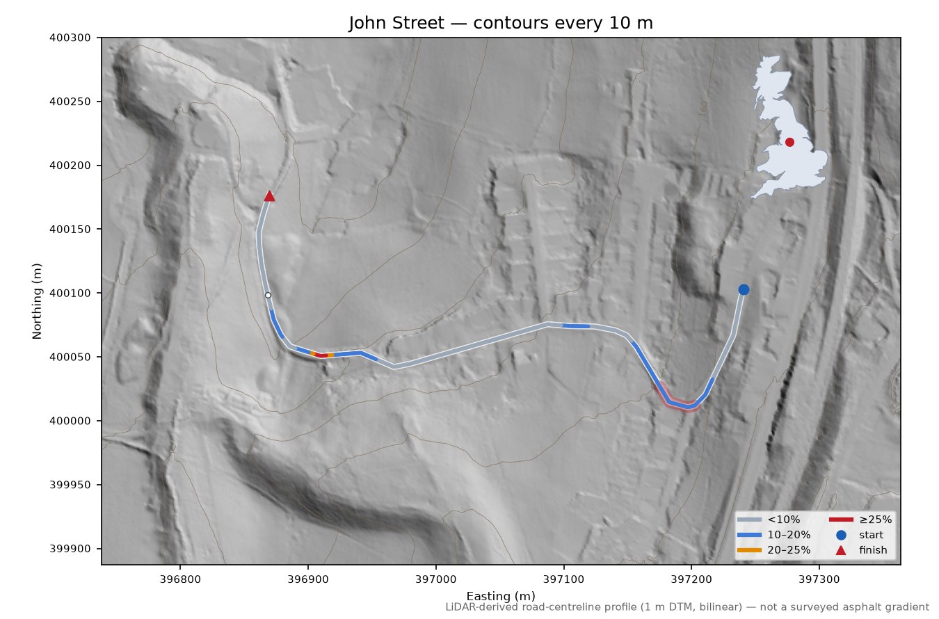 John Street LiDAR hillshade map with contours