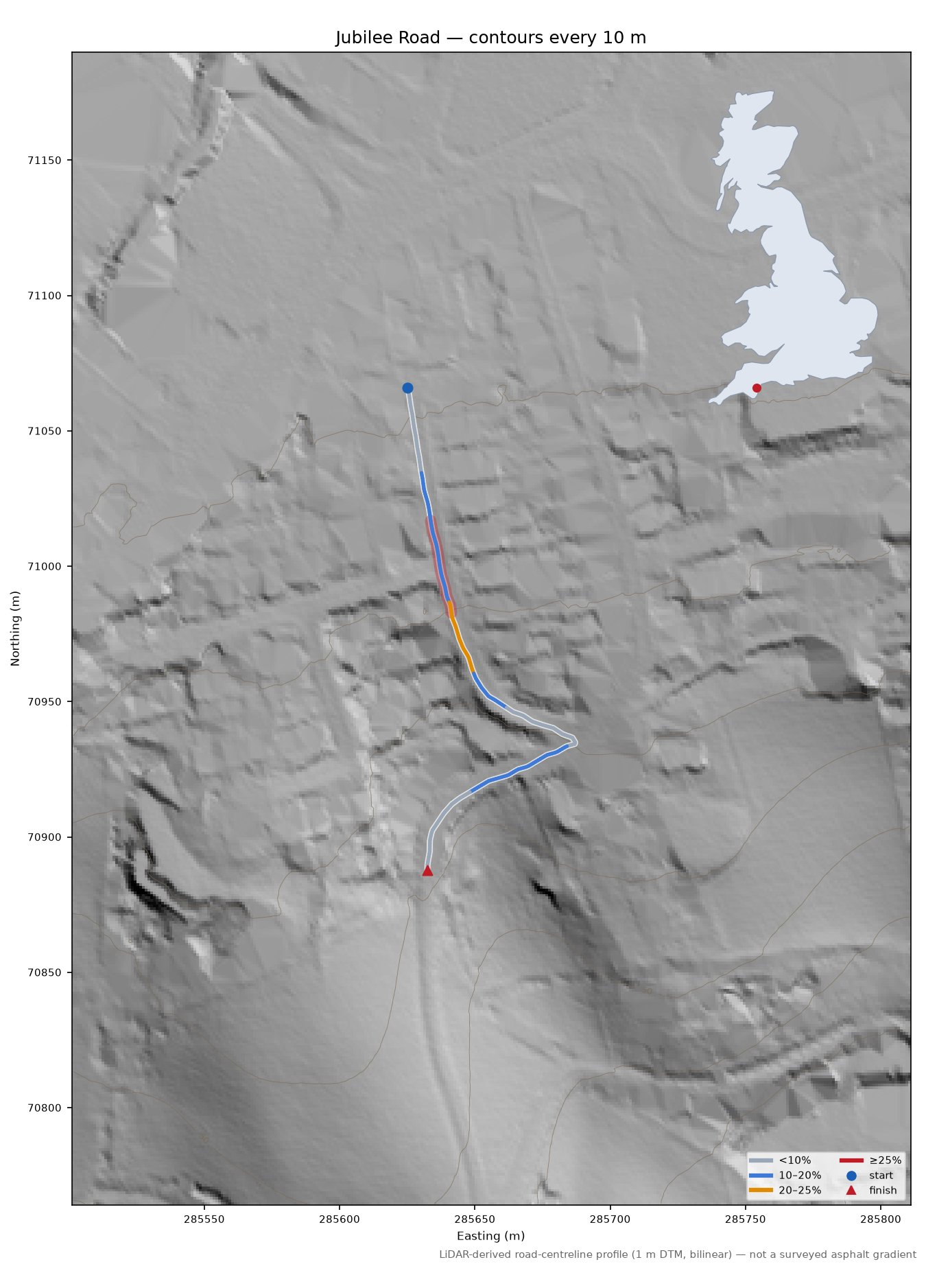 Jubilee Road LiDAR hillshade map with contours