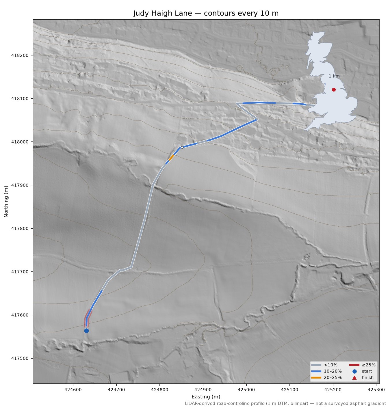 Judy Haigh Lane LiDAR hillshade map with contours